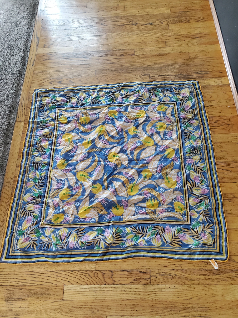 Sears Blue Yellow Floral Border Silk-Look Square Scarf